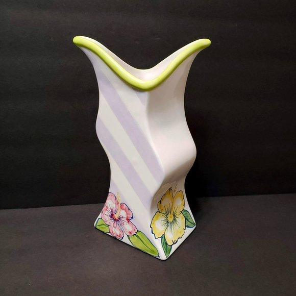 Asymmetrical Ceramic Vase, Tika, Lotus International, Painted Hibiscus Flowers - Picture 1 of 10